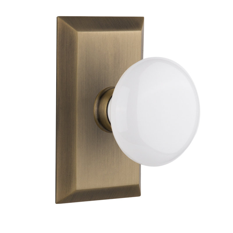 Studio Plate with White Porcelain Door Knob, Antique Brass