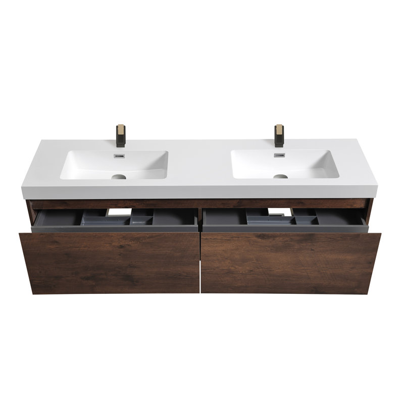 Wall Mounted Single Double Vanity Bathroom Vanity With Solid Surface Top, Brown