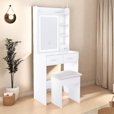 Petit bureau de meuble-lavabo compact avec miroir, lumières DEL réglables, prise de courant, rangement dissimulé, tabouret et tablette