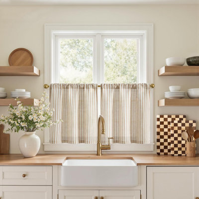 Rideaux de cuisine rayés en lin, 50 cm, beige, 2 panneaux. Rideaux de style café, tamisant la lumière, mélange de lin, passe-tringle, style champêtre.