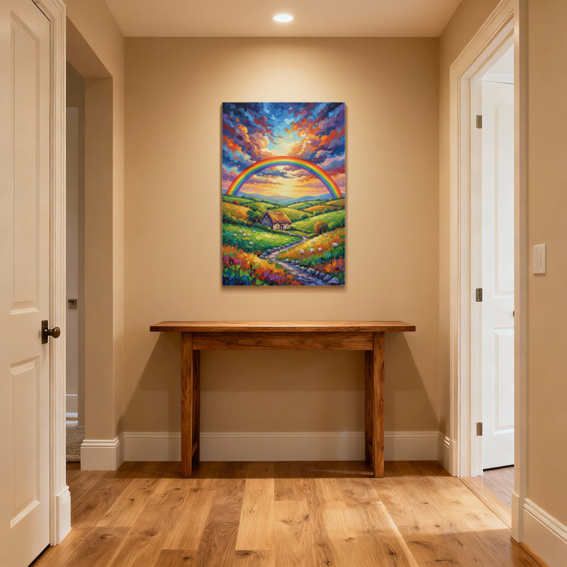 Scenic &Cityscapes Rainbow Over Cottage Landscape Painting, 16" H x 24" W, Does Not Apply, Wrapped Canvas
