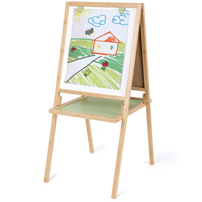Chevalet en bambou Hape: Fit & Fold - Double face, 3-en-1: Tableau blanc magnétique - Tableau noir - Papier, Jouet de station d'art pliable, Écologique, 3 ans et plus pour enfants