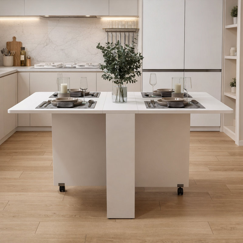 Table de salle à manger pliante: table extensible en MDF blanc de 51,18 pouces avec roulettes - Solution d'économie d'espace pour les petits appartements et le travail à domicile