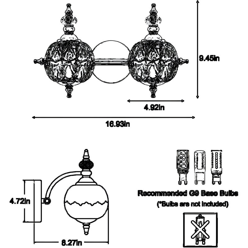 Luminaire de salle de bain en nickel brossé avec abat-jour en verre gravé à la main, éclairage de salle de bain compatible avec ampoule G9 à 2 lumières au-dessus du miroir, fixation facile pour la zone de maquillage
