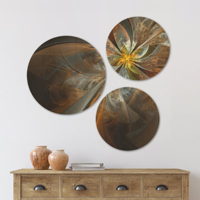 «Art symétrique jaune fleur fractale» Designart, ensemble d'art mural en bois de 3 cercles