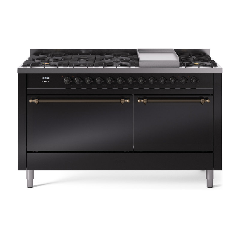 ILVE Nostalgie II 60 in Dual Fuel Range, 9 Burner, Griddle, Glossy Black/Burnished, Natural Gas