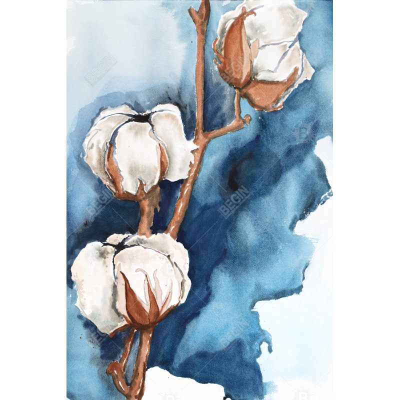 Fleurs de coton sur fond bleu - décor de chambre à coucher brun