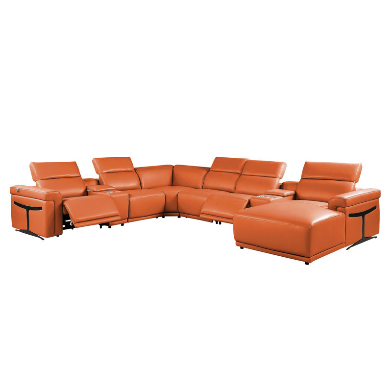 Canapé modulaire en forme de L en cuir italien de qualité supérieure 8 pièces Camel avec 2 fauteuils inclinables électriques et appuis-tête réglables
