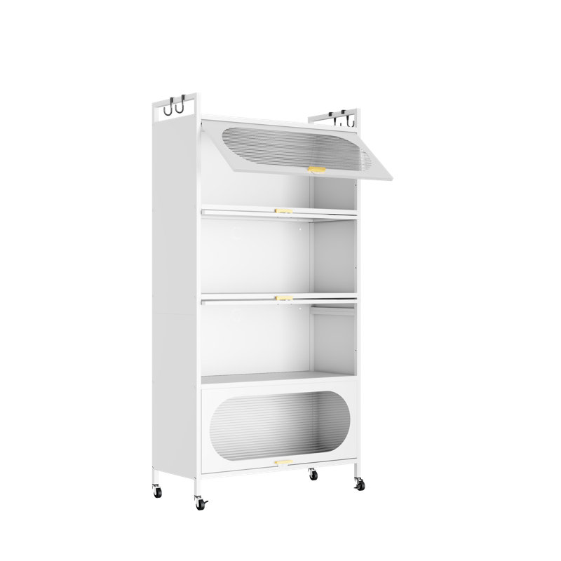  Armoire de cuisine à 5 niveaux avec 4 portes rabattables, support de boulanger de cuisine autoportant avec 4 roulettes, pour la salle à manger, le salon et la salle de bain, blanc