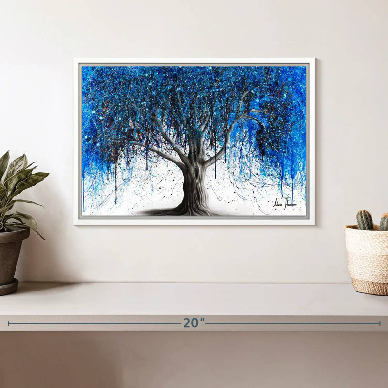 Blue Moonlight Tree, Floating Frame White, 13" X 9"