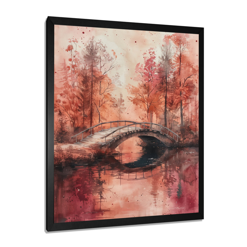 Rose et brun, printemps, pont, rêves, fleurs II, Cadre simple noir, H 16 po x l 32 po
