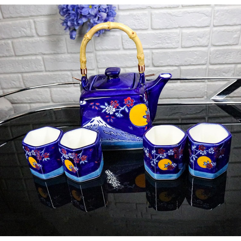 Ensemble théière hexagonale bleue en céramique avec 4 tasses à thé Blue Mount Fuji