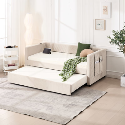 Lit de jour simple avec lit gigogne, hublot, poches latérales, velours beige, motif grainé en V moderne, idéal pour le bureau à domicile, sans sommier, design élégant, pour bureau et chambre d'amis.