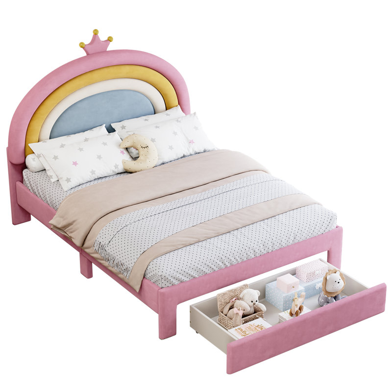 Lit plateforme en velours arc-en-ciel avec tiroir de rangement Princess