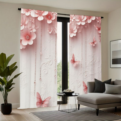 Rideaux filtrant la lumière 2 pièces avec motif floral rose romantique, chaînes de perles délicates, motif de broderie élégant, rideaux faciles à suspendre pour la chambre de l'adolescent