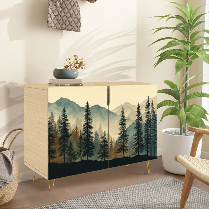 Buffet Buffet avec rangement Aquarelle verticale pin avec 2 portes pour le salon et la cuisine