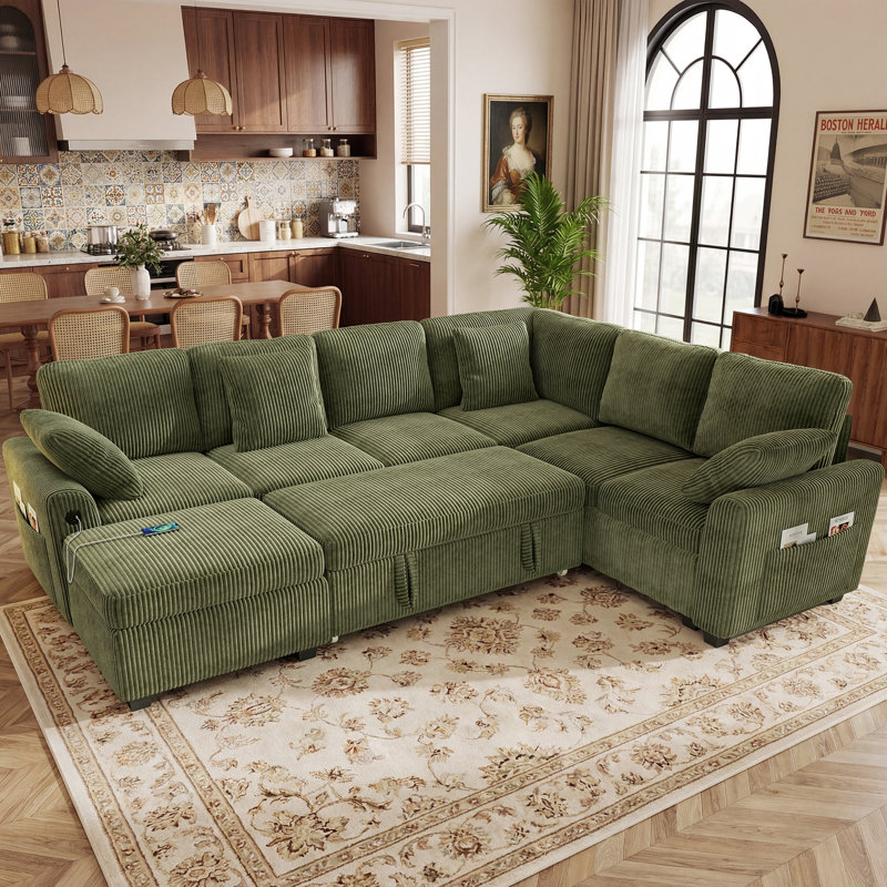 Canapé-lit modulaire en L rembourré en L 106 po avec lit escamotable et repose-pieds avec rangement Palma, GREEN