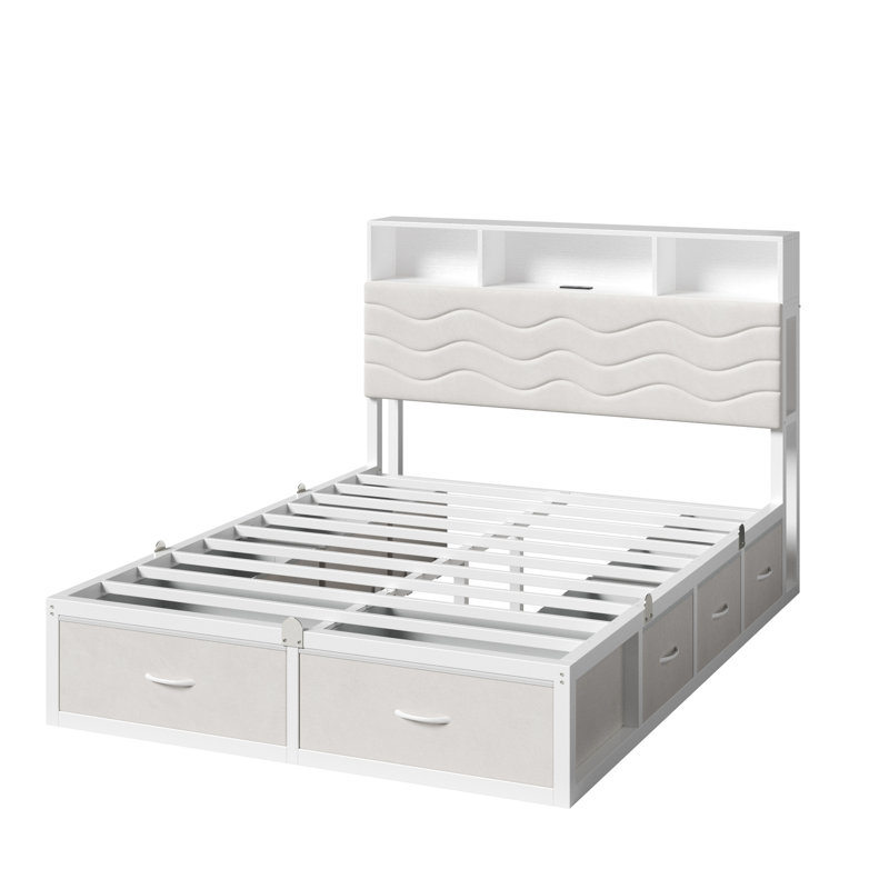 Upholstered Platform Bed Frame with 8 Storage Drawers, Storage Bed with LED light & Charging Station, Velvet Tufted Headboard with Adjustable Bedside Tables, No Box Spring Needed