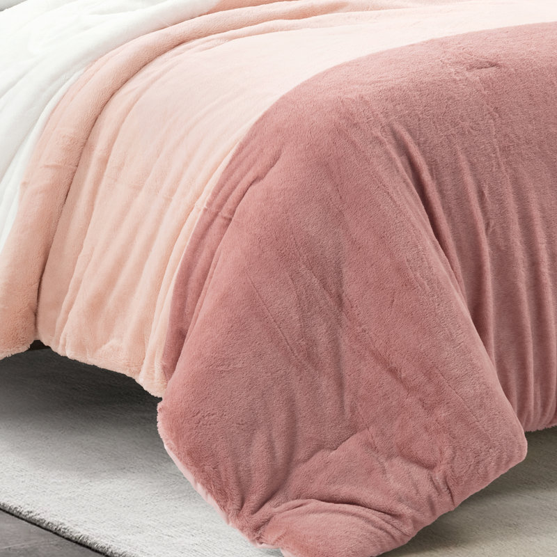 Farmhouse Color Block Faux Fur Microfiber 3 Piece Comforter Set, Twin, Dusty Rose