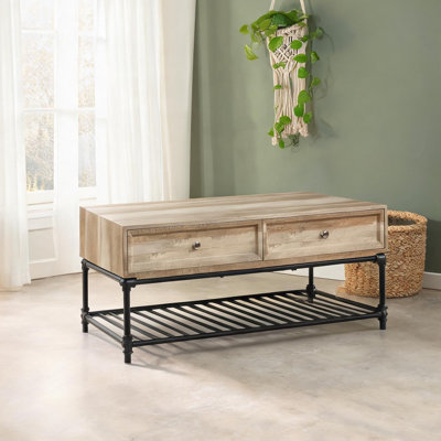 Table basse de salon industrielle avec tiroir de rangement et tablette, plateau rectangulaire en bois manufacturé, base en acier, largeur de 47 pouces