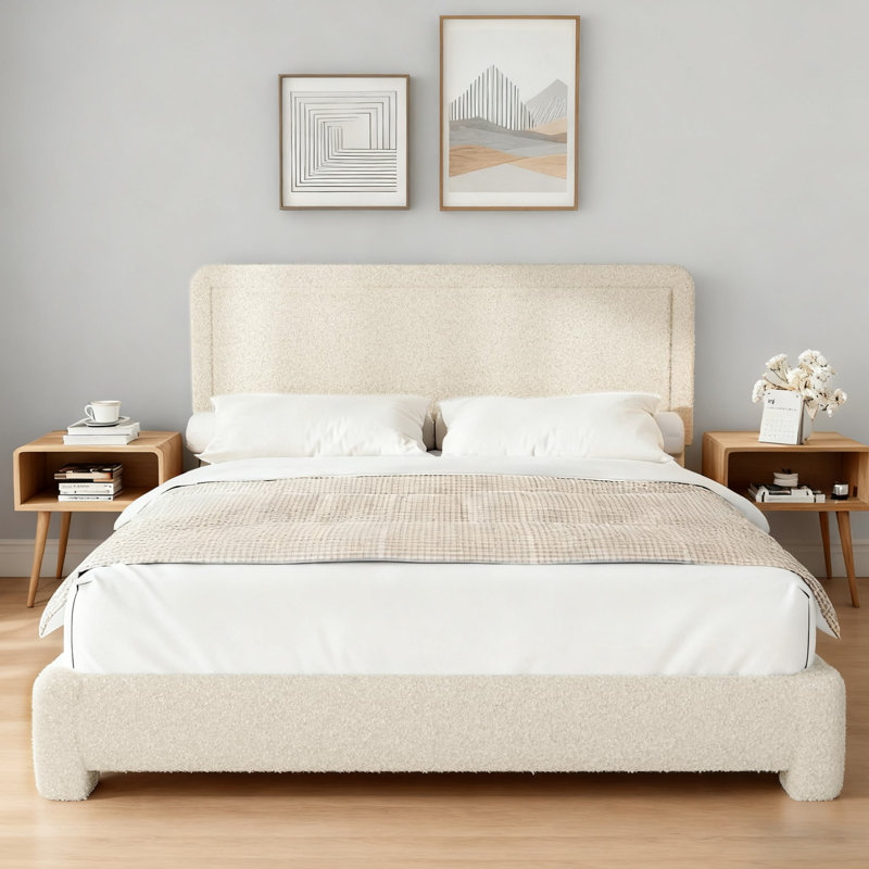 Cordoba Upholstered Platform Bed with Adjustable Headboard, Queen, Beige