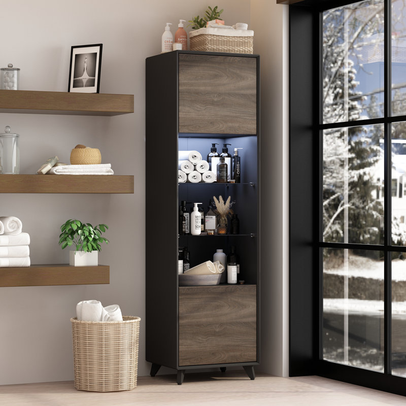 2-Door 5-Shelf Bathroom Storage Cabinet With LED Lights And Glass Shelves