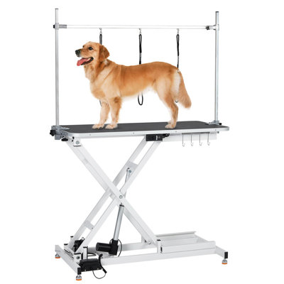 Table de toilettage électrique pour chien, hauteur réglable 9,4 à 39,4 po, capacité de 264 lb, roues antidérapantes et range-outils