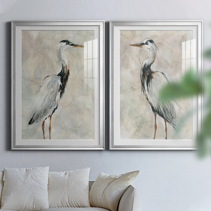 Crane at Dusk I - ensemble de 2 reproductions, Papier avec cadre érable, H 26,5 po x l 73 po, Argent argent