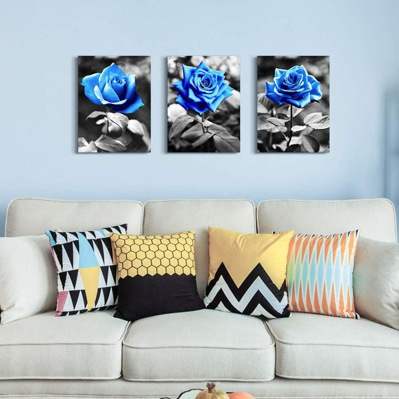 Canvas Wall Art For Living Room Family Wall Decor For Bedroom Black And White Pictures Artwork Blue Rose Flowers Wall Paintings Modern Office Bathroom Kitchen Wall Decorations 12" X 16" 3 Pieces
