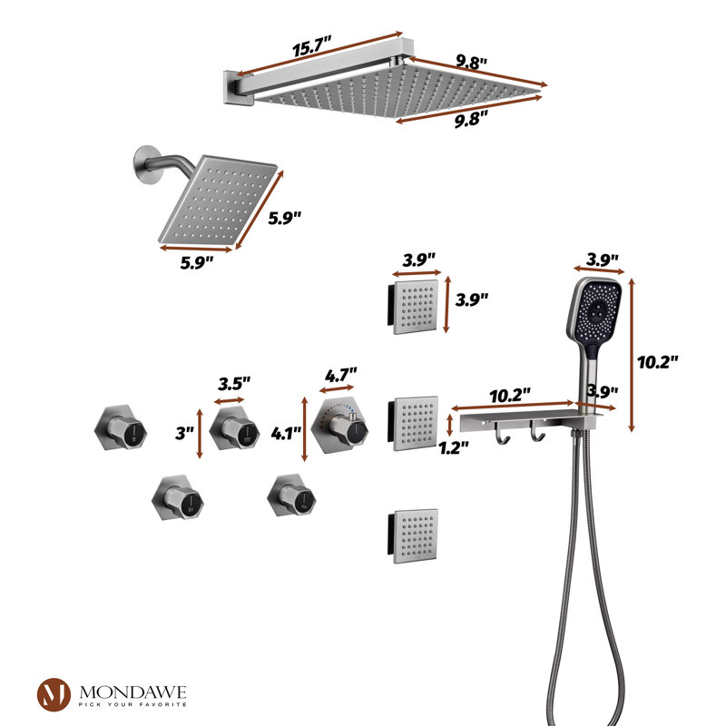 Système de douche thermostatique complet avec valve brute AquaRhapsody, Nickel brossé