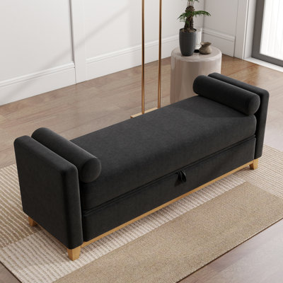 Banc de lit à extrémité noire de 66 pouces avec pieds en bois massif, rangement, 2 traversins et sièges confortables, pour le hall d'entrée du salon