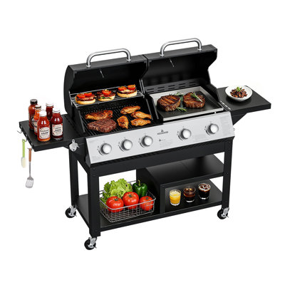 5-burner Propane Gas Griddle Grill Combo With Porcelain-enameled Grate & Pan, Dual Bbq Grill With Flat Top Griddle For Outdoor Kitchen & Backyard Barbecue,618 Sqin Cook Area