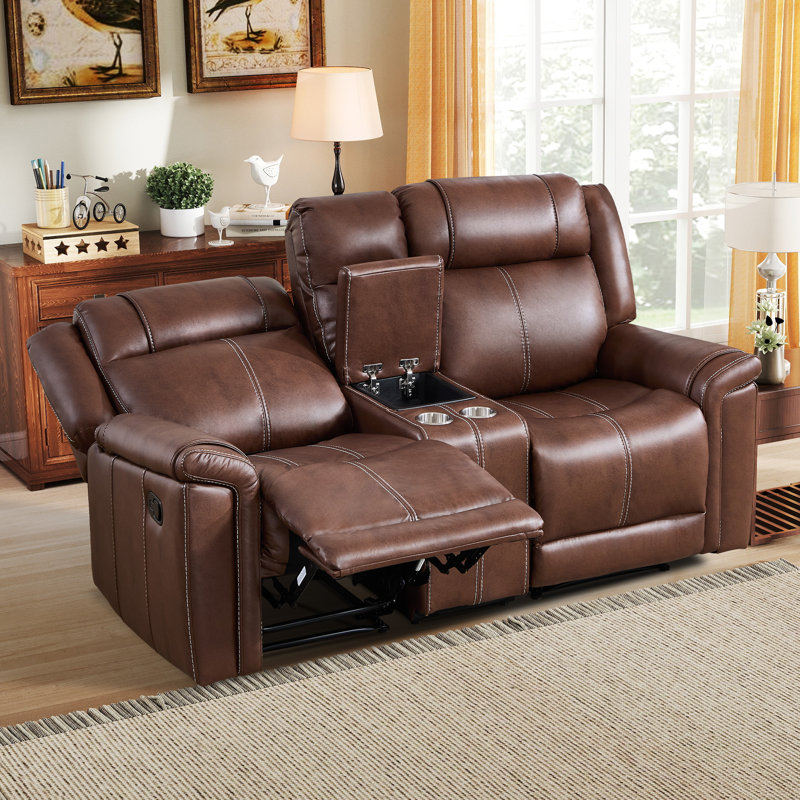 75'' Wide Upholstered Faux Leather Manual Reclining Loveseat With Storage and Cupholders, Brown