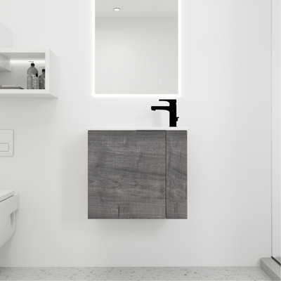 Meuble-lavabo mural, lavabo 22 po, fermeture en douceur, petite porte à carreaux en chêne gris, poignée noir mat, couleur
