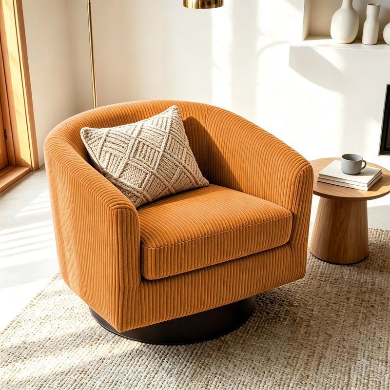 Fauteuil pivotant Frankie en velours côtelé orange capitonné avec base en bois massif, Velours côtelé orange