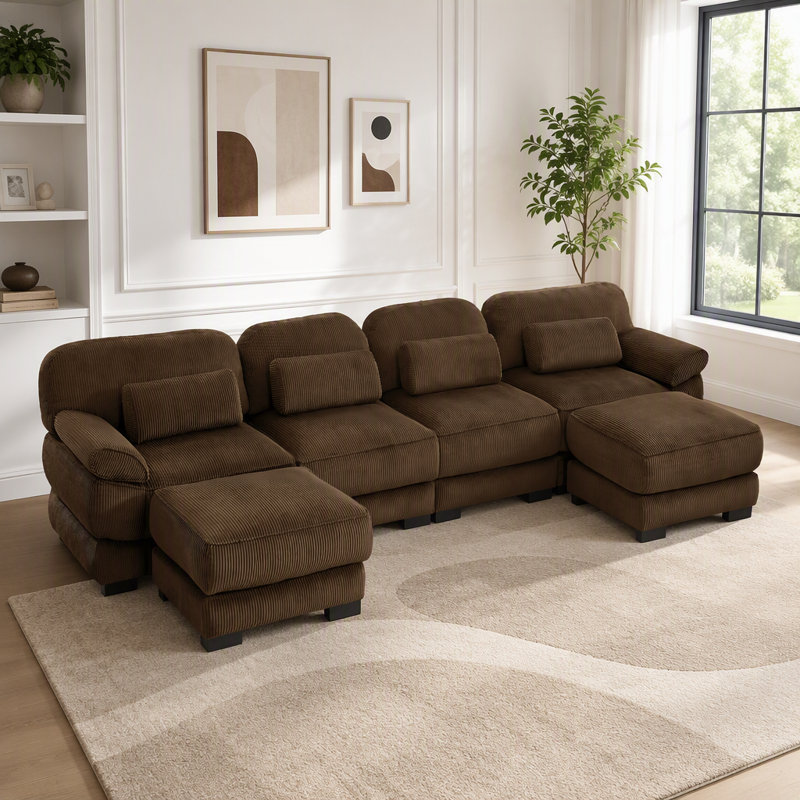 Canapé Cloud en U avec 2 repose-pieds, brun, 4-Seater & 2-Ottoman, Brown