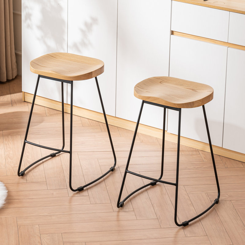 Navarre Saddle Solid Wood Backless Counter Stool, Black, Yellow