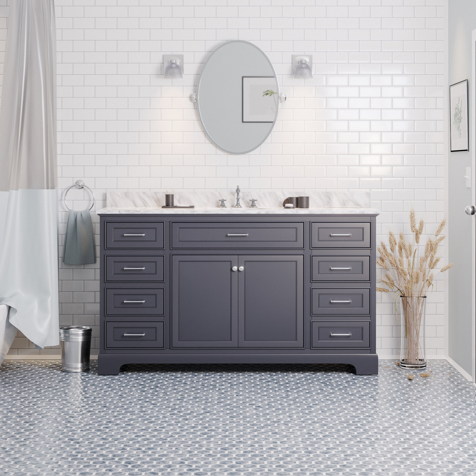 Ronnie 60'' Single Bathroom Vanity, Marine Gray, Carrara Marble