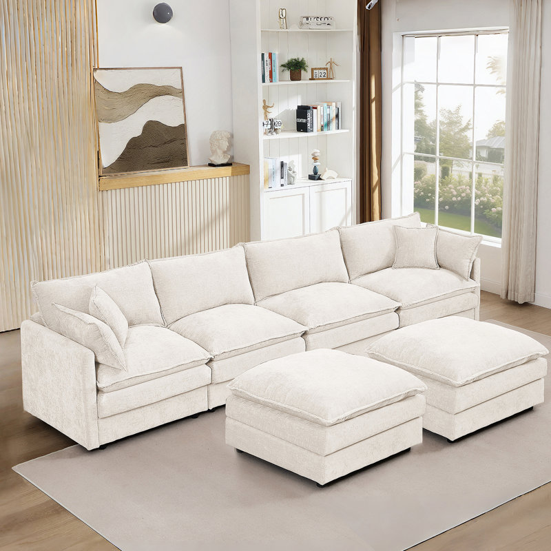 Canapé modulaire 130,7 pouces en chenille modulaire beige - canapé 4 places en U avec repose-pieds mobile, combinaison de bricolage pour le salon