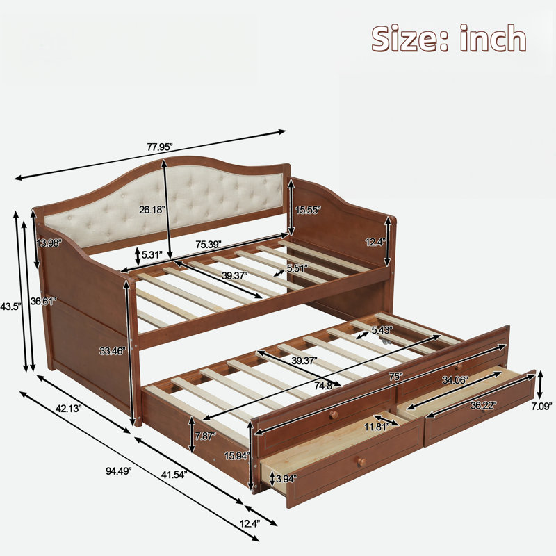 Wooden Daybed With Trundle, 2 Storage Drawers And Upholstered Button Tufted Backrest, Walnut
