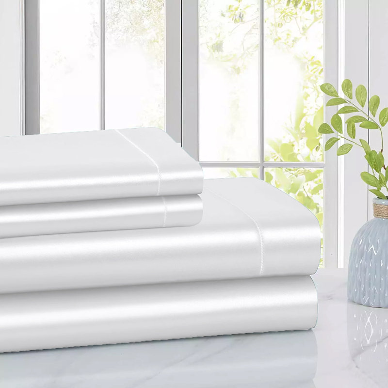  Rose Collection Luxury & Silky 4-Piece Satin Sheet Set - 6 Colors, King, White