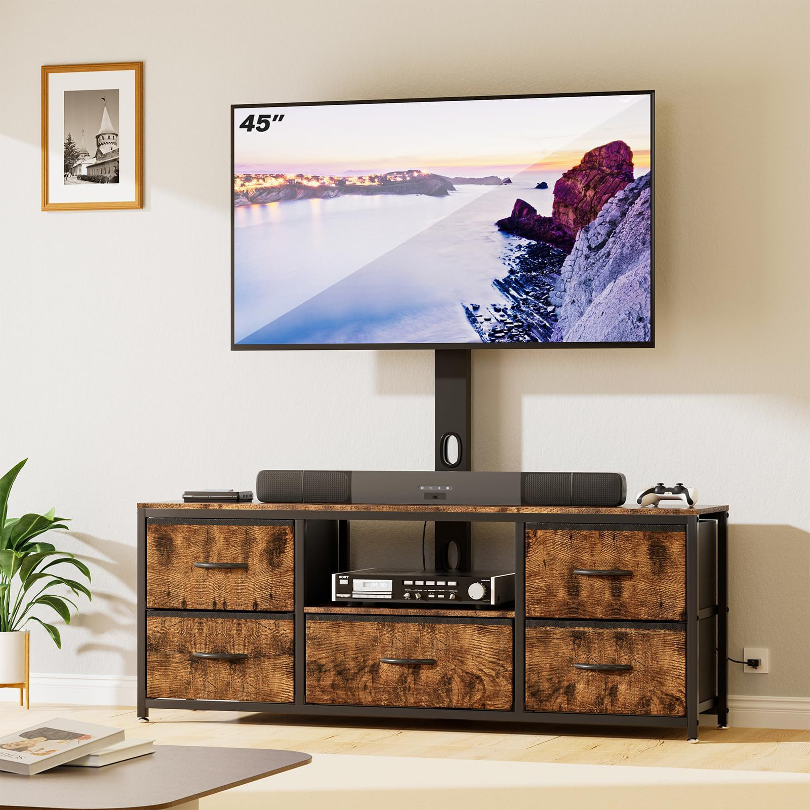 17 Stories Rustic Brown TV Stand with Mount and Fabric Drawers | Wayfair