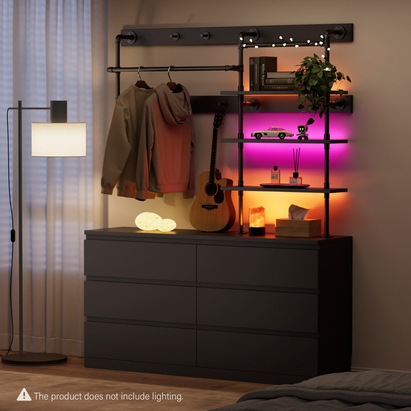 Industrial Pipe Clothing Rack with Drawers & Shelves, Freestanding Heavy Duty Garment Rack with Hanging Rod, Wood & Metal Closet Organizer For For Bedroom, Walk-In Closet & Dressing Area