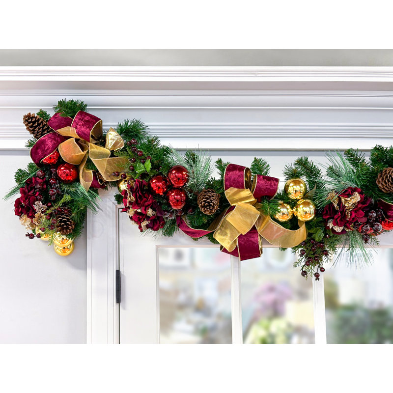 9'' Holiday Garland Decorated With Hydrangeas, Ornaments And Ribbon
