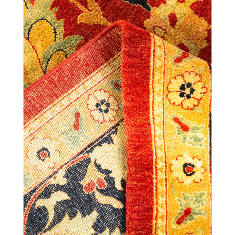 Tapis unique en laine noué à la main 10 pi 2 po x 14 pi 4 po nouvel âge Hillit - rouge / bleu marine / jaune