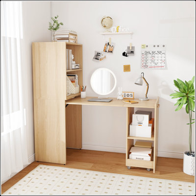 Bureau extensible et pliable avec tablettes de rangement et roulettes mobiles, parfait pour les petits espaces et les bureaux à domicile