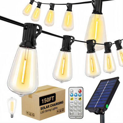 Solar Powered St38 String Lights 150Ft With Remote Control, 8 Light Modes Weatherproof Shatterproof 24 Led Filament Bulbs, Large 11.5*13.5Cm Solar Panel For Backyard Porch Cafe Garden Roof