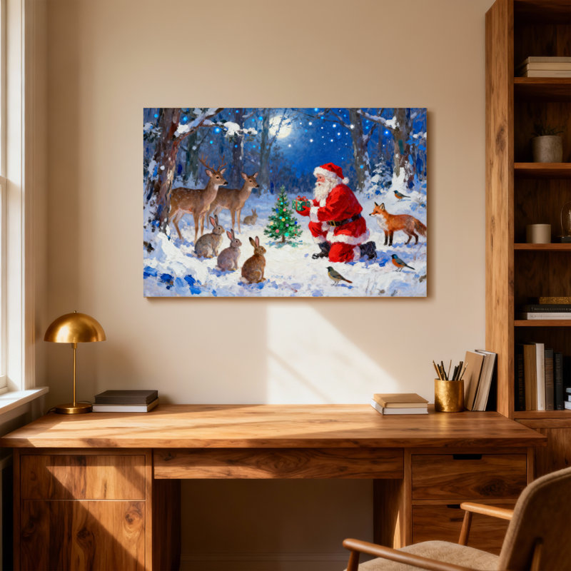 Noël père Noël dans la forêt d'hiver avec des animaux, H 28 po x l 40 po