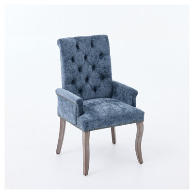 Blue Chenille Upholstered Dining Chair with Tufted Backrest - Elegant Accent Chair with Curved Solid Wood Legs for Dining Room, Kitchen