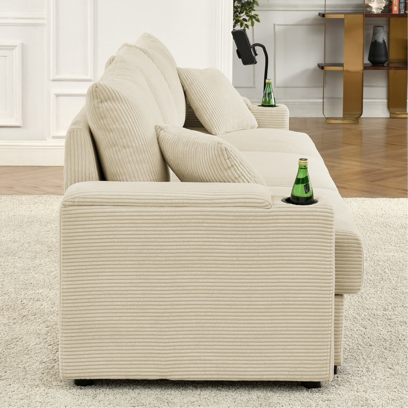 Canapé en velours côtelé beige avec compartiments de rangement, porte-gobelets et porte-téléphone pour le salon Relax 5 rangement, pratique et supports